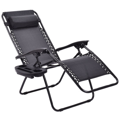 2PC Zero Gravity Chairs Lounge Folding Recliner Outdoor Black W/Cup Holder